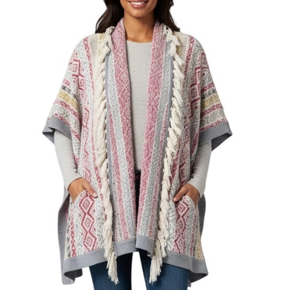 Cabi Boho Aztec Diamond Fringe Poncho Sweater XS SM